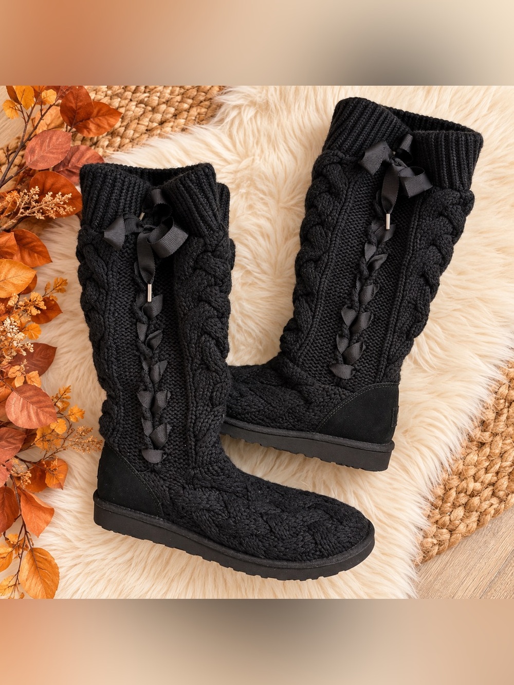 UGG Classic Tall Chunky Knit Boots Black Cable Knit Size 8